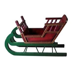 Inarco Wooden Small Christmas Sleigh Green Red Taiwan 10.5" x 7" x 4"